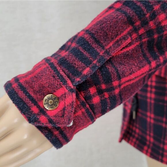 Levi's Red Black Plaid Wool Blend Cinch Waist Jacket Coat Women's XS Cabincore - Picture 5 of 11